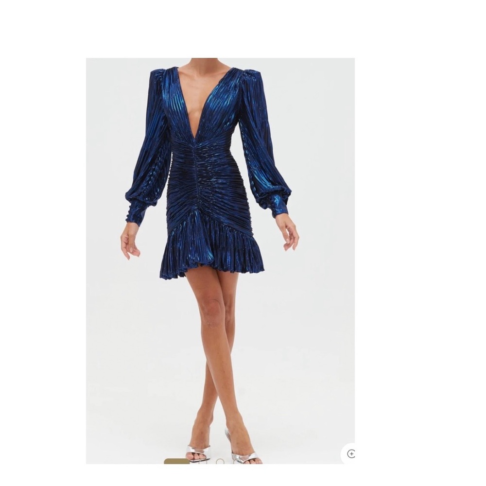 PatBO Shimmering Metallic Plisse Long Sleeve Dark blue Short Dress.